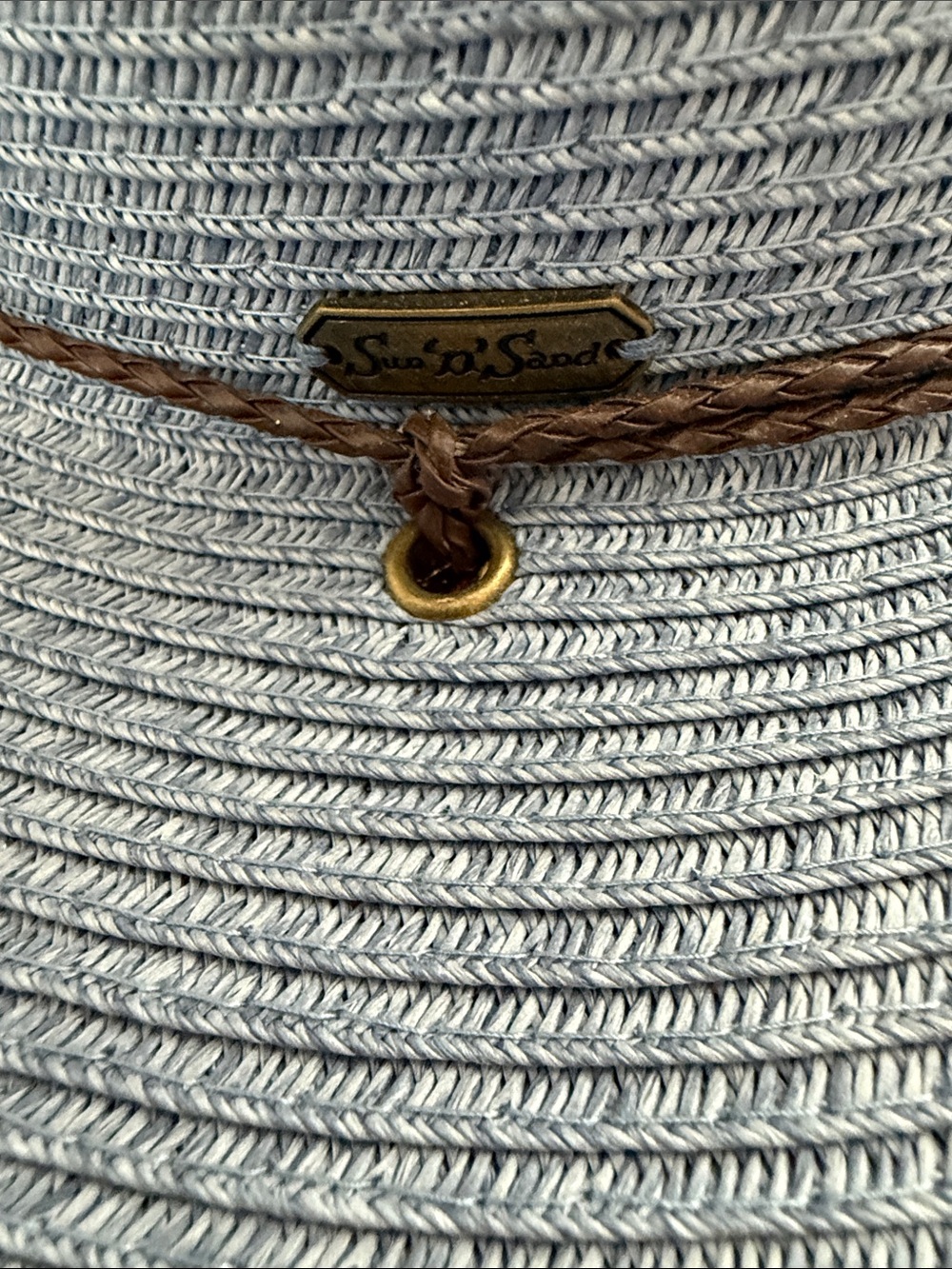 Sun ‘n Sand Wide Brim Straw Sun Hat in Light Blue with Brown Band and Chin Strap - Picture 2 of 3